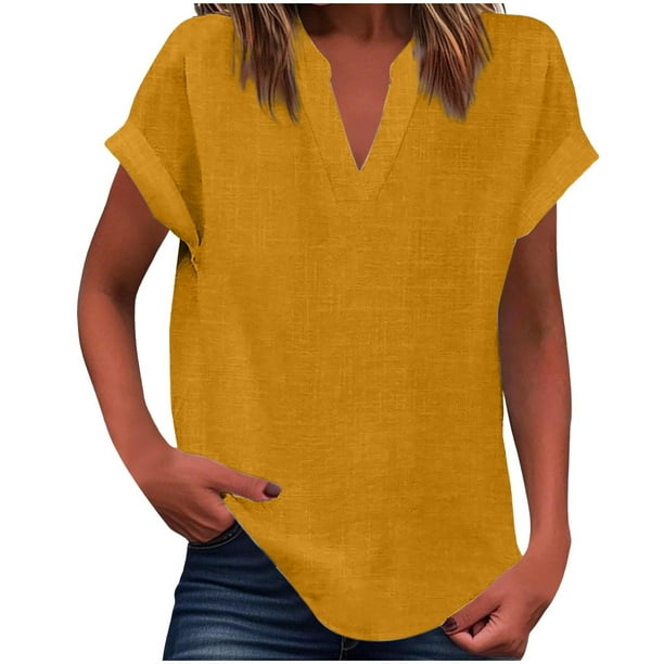 Vestidos Casuales Para Mujer, Blusas De Mujer De Moda Suéter de mujer de color liso de imitación de lino y lino con hombros descubiertos y cuello en V de manga corta a la moda