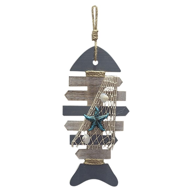 Decoración de pared de pez de madera, placa rústica de espina de pescado náutica, temática de playa para el hogar Espina de pescado grande