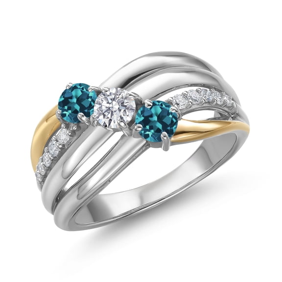 Gem Stone King 925 Silver and 10K Yellow Gold London Blue Topaz and Lab Grown Diamond Engagement Ring for Women | 1.08 Cttw | Round 4MM | November Birthstone | Size 6