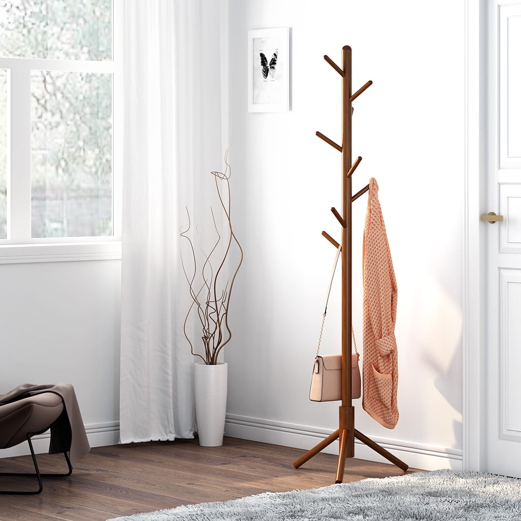 LANGRIA Bamboo Tree Coat Rack Free Standing Hat Hanger with 4 Tiers and Solid Feet 8 Hooks, White Color Modern Clothes Organizer for Garments Scarves Umbrellas Bags Suits Hallway Room Home Office