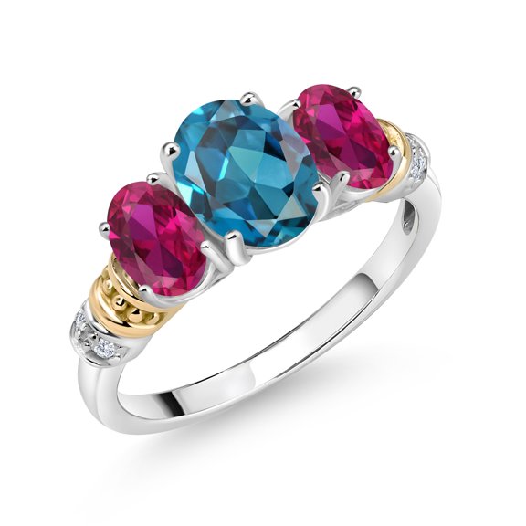 Gem Stone King 925 Sterling Silver and 10K Yellow Gold Oval London Blue Topaz Red Created Ruby and White Diamond 3 Stone Ring for Women (2.53 Cttw, Gemstone November Birthstone, Size 5)
