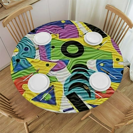 

Tllo0ord Elastic Edged Round Tablecloth for Holiday Dinner Parties Special Occasions Geometric Retro Theme Fits up Tables 31-35