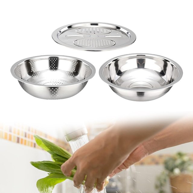 Escurridor 3 en 1, de verduras, rebanador de verduras, ensaladera, cuenco, lavabo de acero inoxidable con rallador para zanahorias y patatas