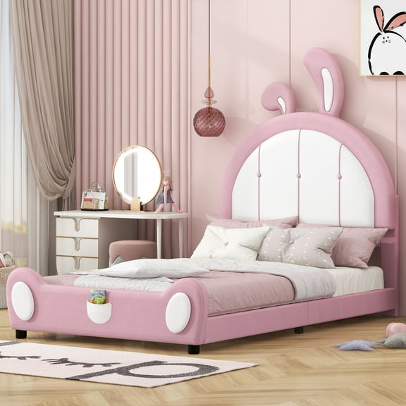 EUROCO Upholstered Twin Platform Bed, Cartoon Bunny Bed for Toddler Kids Teens, No Box Spring Needed, Pink