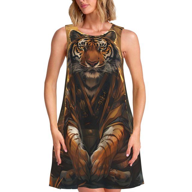 Vsdgher Robe d'Été Imprimée Tigre dans la Forêt de Feuilles Tombées pour Femmes, Robe de Plage Décontractée Sans Manches avec Poche