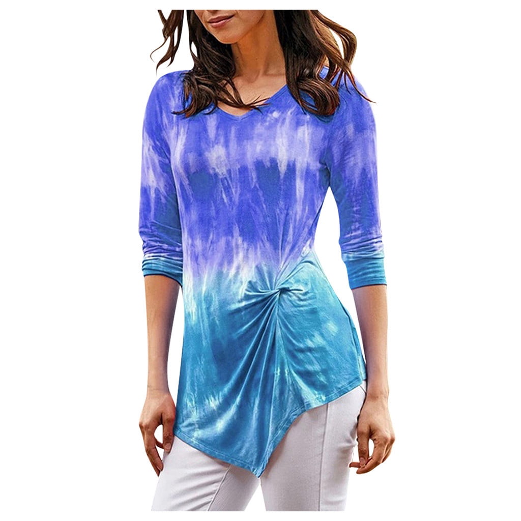 Sheen - Sheen Women Gradient Print Tops Knot Front Irregular Hem Holiday T-shirt Long Sleeve 
