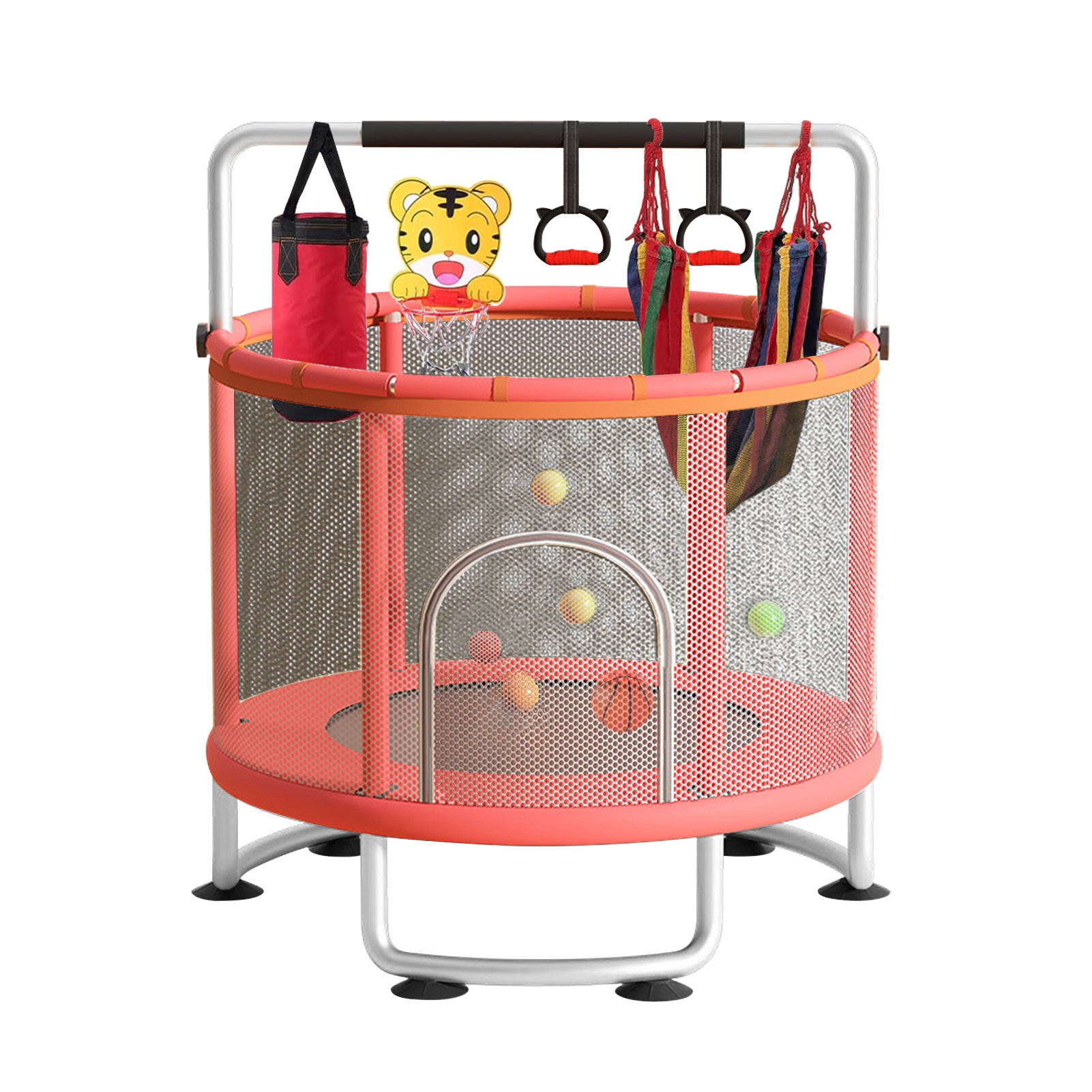 Kacaiy  Kids Trampoline, Adjustable Baby Toddler Trampoline with Basketball Hoop, Swing, Sandbag, Ocean Balls, 440lbs Indoor Outdoor Toddler Trampoline with Enclosure Net