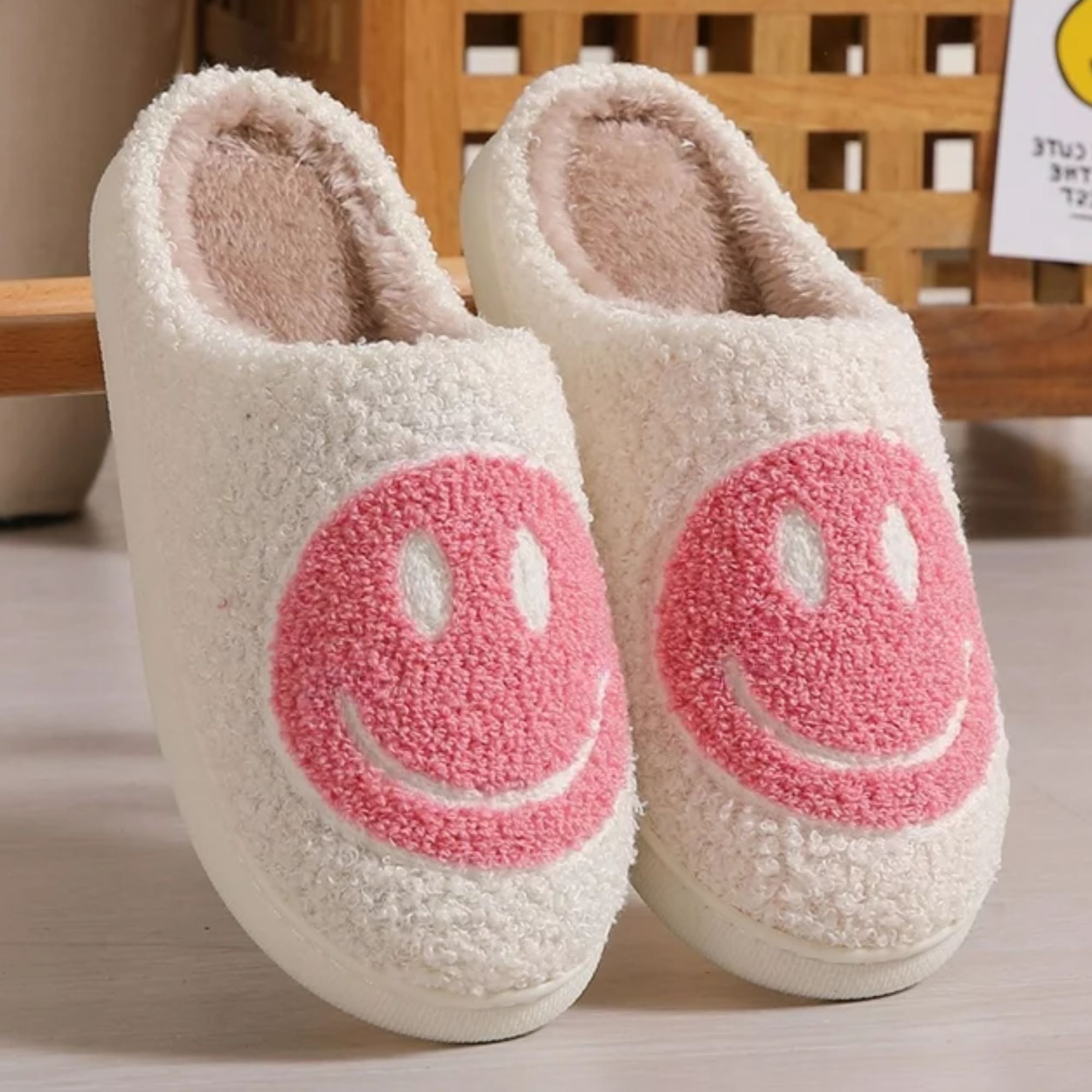 BERANMEY Cute Smile Face Slippers for Women Perfect Soft Plush Comfy Warm Slip-On Happy Face Slippers fo Women Indoor fluffy Smile House Slippers for Women and Men Non-slip Fuzzy Flat Slides - image 3 of 7