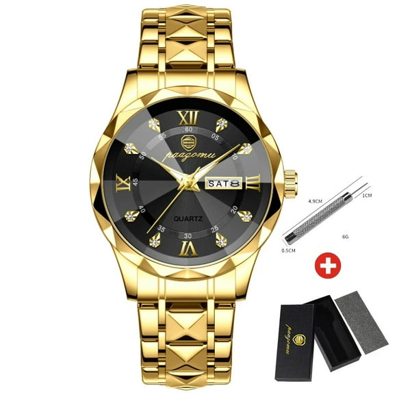 PAAZOMU Luxury Men Watches Business Top Brand Man Wristwatch Waterproof Luminous Date Week Quartz Men's Watch High Quality+Box Gold Black W_3