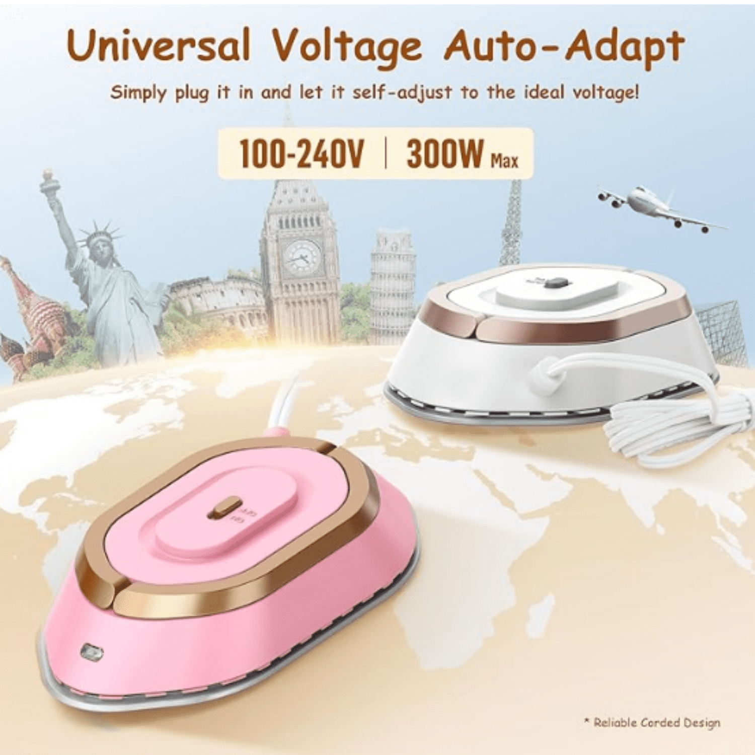 Travel Iron with Global Voltage, 100-240V Mini Dry Iron for Clothes (No Steam), Max 300W, 60s Heat Up, 302℉ Non-Stick Ceramic Soleplate, 0.8lbs (Gold with Hard Case)