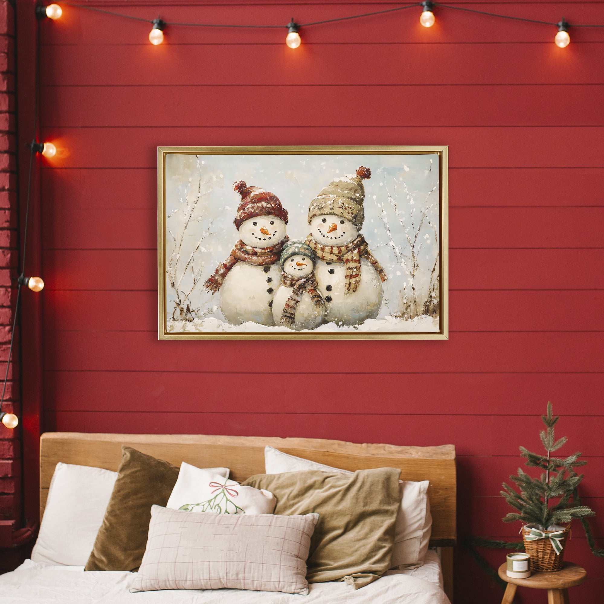 Snowman Family Of Three Gold Framed Floater Canvas Wall Art, design by Petal Prints Design
