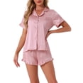 thumbnail image 1 of Conjuntos de pijama de satén para mujer INSPIRE CHIC, conjuntos de lounge de seda, camisa de botón de manga corta, pantalones cortos con volantes, ropa de dormir de 2 piezas XL rosa, 1 of 6