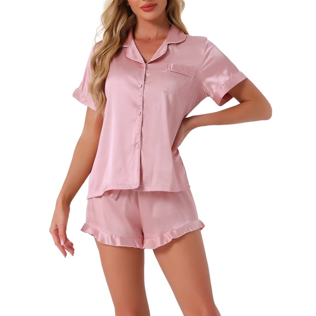 Conjuntos de pijama de satén para mujer INSPIRE CHIC, conjuntos de lounge de seda, camisa de botón de manga corta, pantalones cortos con volantes, ropa de dormir de 2 piezas XL rosa