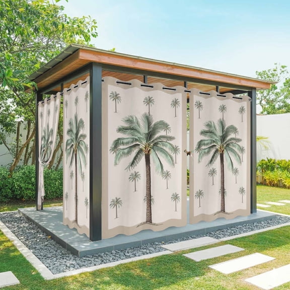 Palm Tree Outdoor Curtains for Patio Waterproof, Green Tropical Plants Ocean Brown Bottom Grommet Curtains for Porch Outside Privacy Drape for Gazebo Garden Pergola, 2 Panels, 54x108in