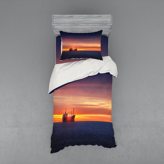 Ambesonne Nautical Bedding Set 3 Pcs, Sunrise over Sea Ship, Twin XL, Blue Orange