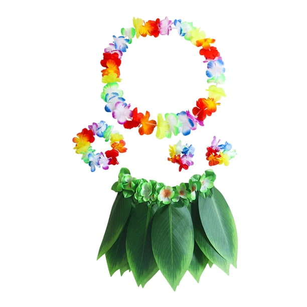 Conjunto de 5 piezas de falda hula hawaiana con hojas verdes, pulseras, diadema y artículos para fiestas luau en la playa (niño, flor verde).