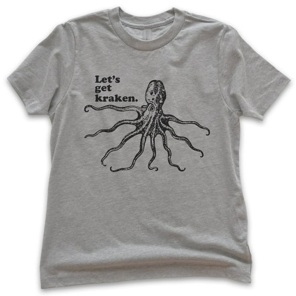 Kids Let's Get Kraken T-shirt, Youth Kids Boy Girl T-Shirt, Animal Pun T-shirt, Funny Giant Octopus Squid Shirt, Dark Heather Gray, Medium
