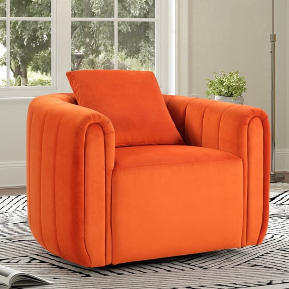 Ebello Swivel Accent Chair, Modern Velvet Living Room Chair with Pillow, Barrel Chair for Bedroom & Reading Corner (Orange,1 Pack,Fully Assembled )