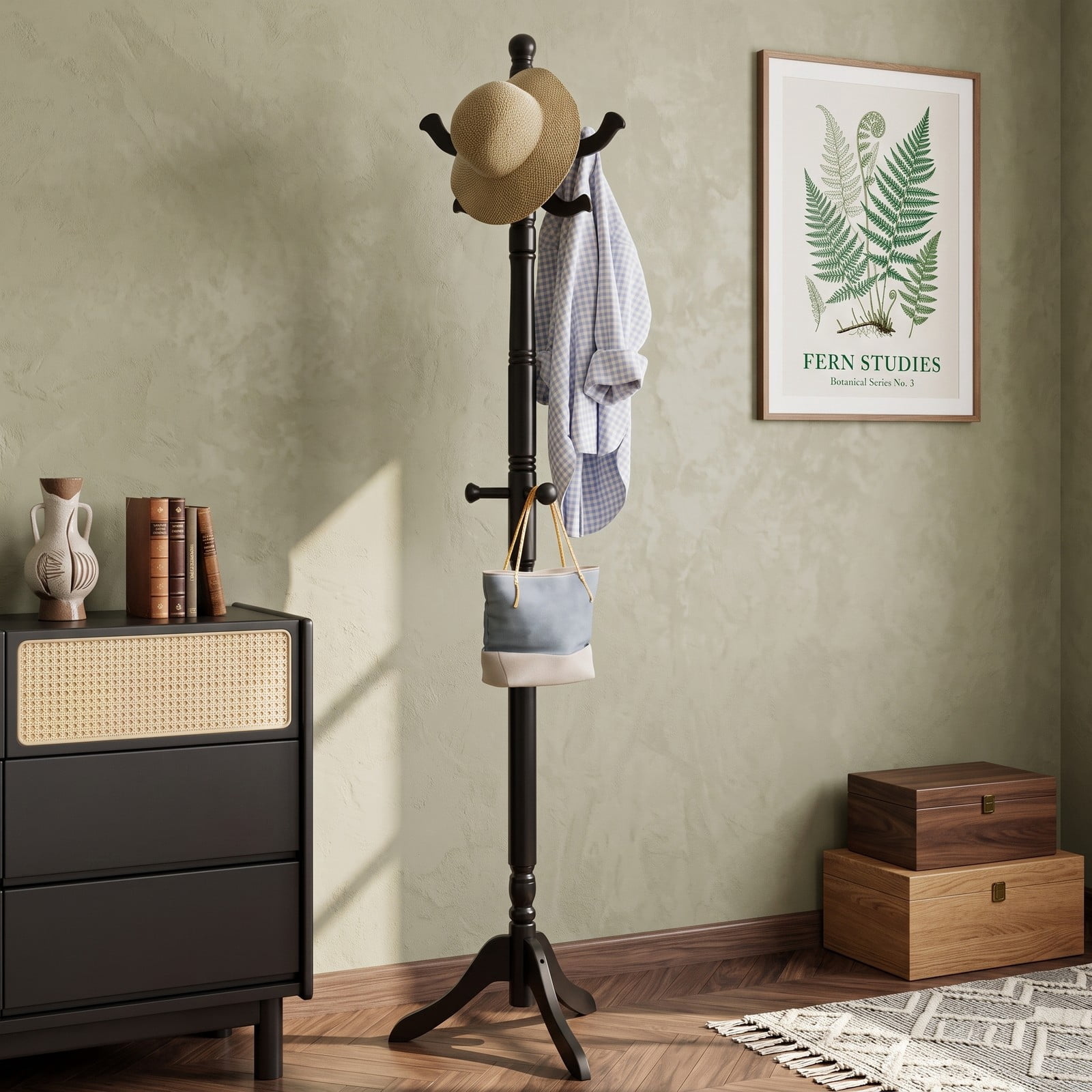 Furnibear Solid Wood Hall Tree Freestanding Coat Rack with 11 Hooks and 3 Height Options for Entryway Hallway Bedroom and Office, Black