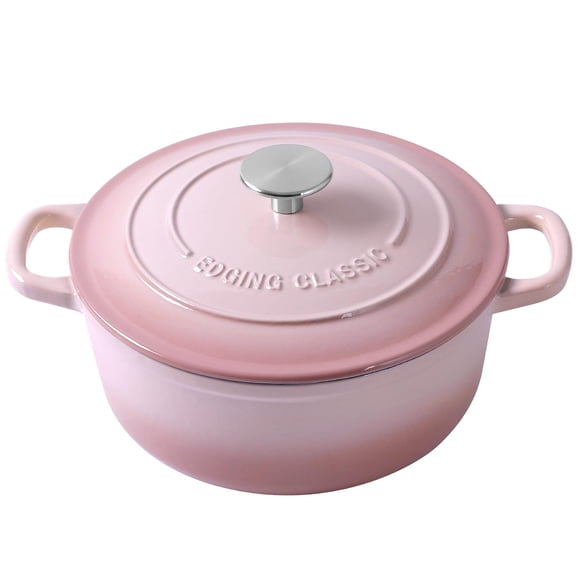 Horno holandés de 5.5 cuartos con cubierta de hierro fundido esmaltado con bordes y doble asa, con tapa para hornear pan, color rosa