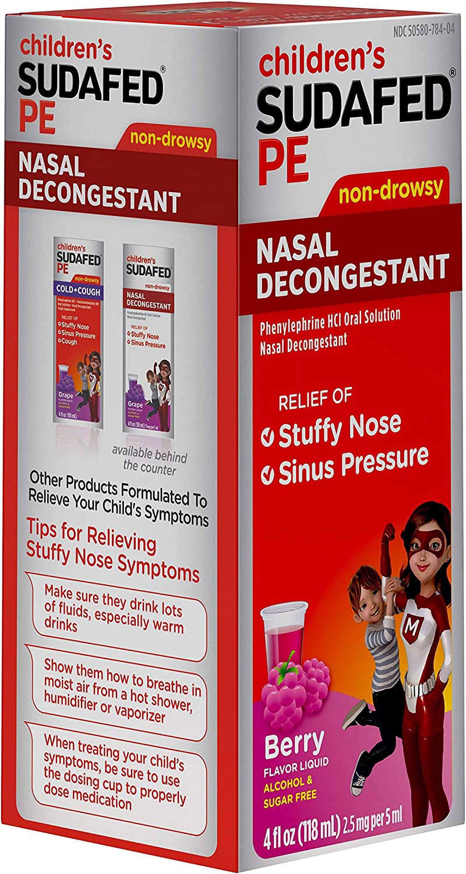 Childrens Sudafed PE Nasal Decongestant, Raspberry Flavored, 4 Oz, 3 Pack