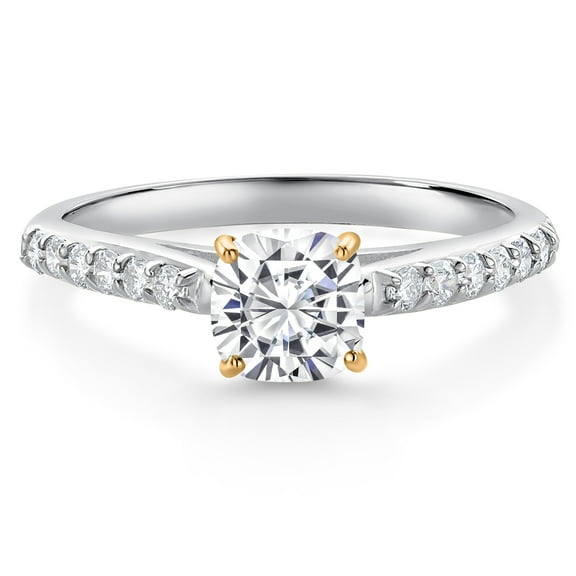 Gem Stone King 10K White and Yellow Gold Engagement Ring G/H Lab Grown Diamond Set with Moissanite (0.81 Cttw, Size 8)