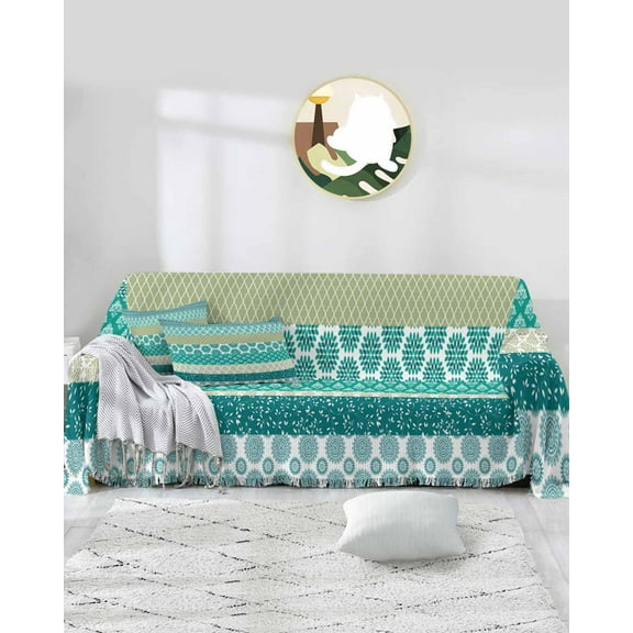 Boho Turquoise Floral,Geometric Oriental Tribal Mandala Sofa Covers for 3 Cushion Couch,Washable Sectional & L Shape Couch Covers for Dog/Cat/Kid,Non Slip Sofa Slipcover Tassel Futon Cover 71x150