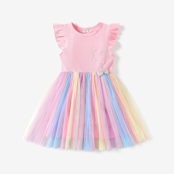 PatPat Girls Dresses Princess Heart Rainbow Party Dress Round Neck Tulle Dress Size 4-12