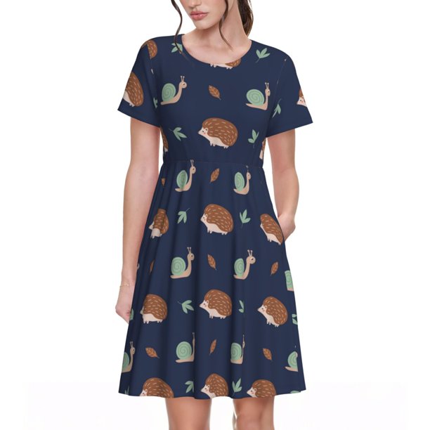 Disketp Hedgehog And Snail para Vestido de Manga Corta para Mujeres, Vestidos de Verano para Mujeres, Casual y Holgado para la Playa