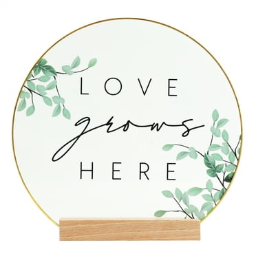 Inspirational "Love Grows Here" Translucent Tabletop Plaque with Solid Wood Base Stand
