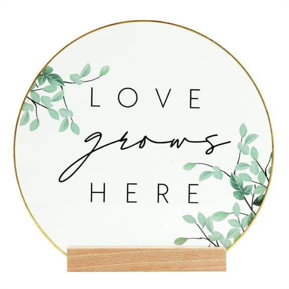 Inspirational "Love Grows Here" Translucent Tabletop Plaque with Solid Wood Base Stand