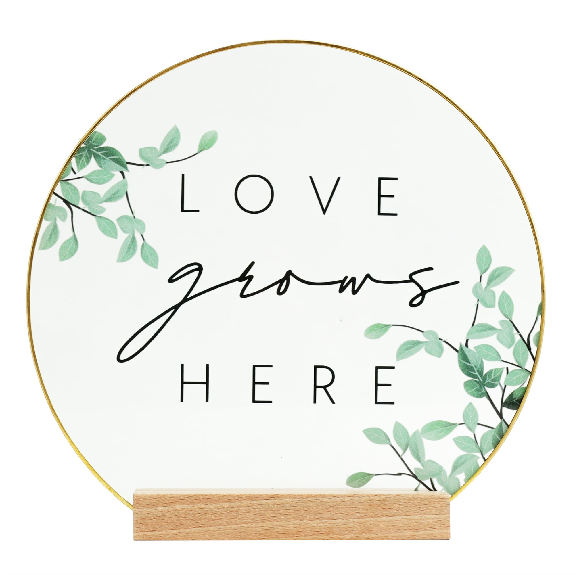 Inspirational "Love Grows Here" Translucent Tabletop Plaque with Solid Wood Base Stand