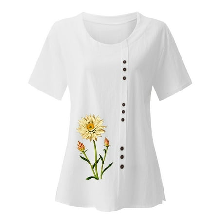 

Cathalem Lacy Shirts for Women Women s Printed Round Neck Raglan Sleeve Hem Slit Loose Short Sleeve Button plus Size Scrub Tops Shirt White Small