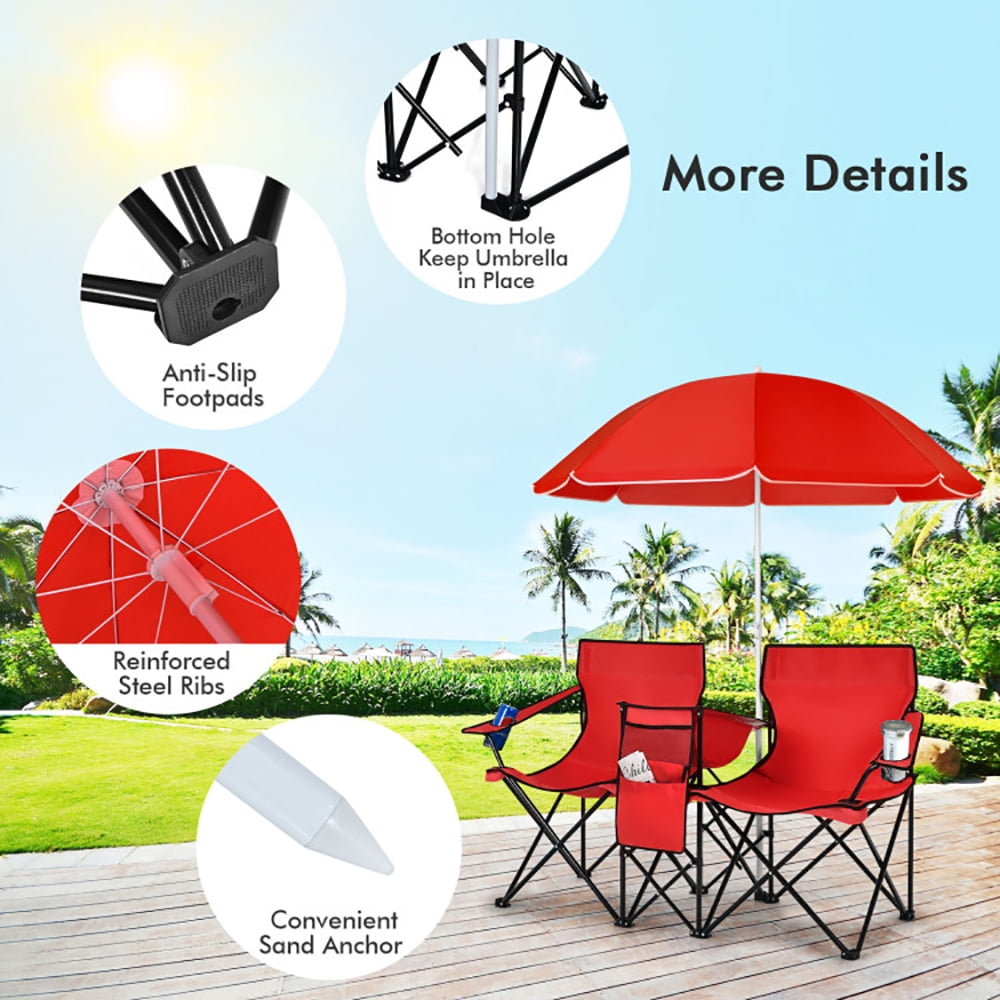 Aimee Lii Portable Folding Picnic Double Chair With Umbrella, Outdoor Beach Chair with Umbrella, Red Aimee Lii Portable Folding Picnic Double Chair With Umbrella, Outdoor Beach Chair with Umbrella, Red