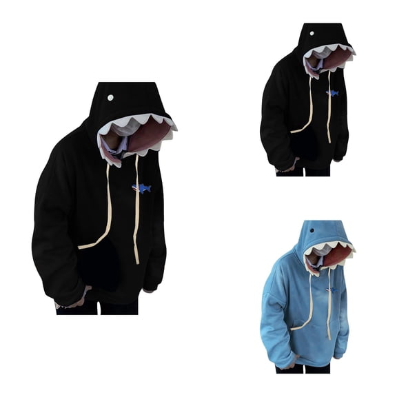 Cute Shark Hoodie for Women, Long Sleeve Blue Kawaii Animal Hooded Pullover Sweatshirt, Preppy Cartoon Top for Girls