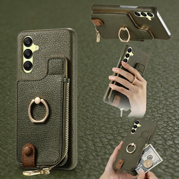 Case for Samsung Galaxy A37 Zipper Wallet Case, PU Leather Case with Card Holder, Ring Holder Stand, RFID Blocking Magnetic Car Mount Shockproof Cover for Samsung Galaxy A37 - Armygreen