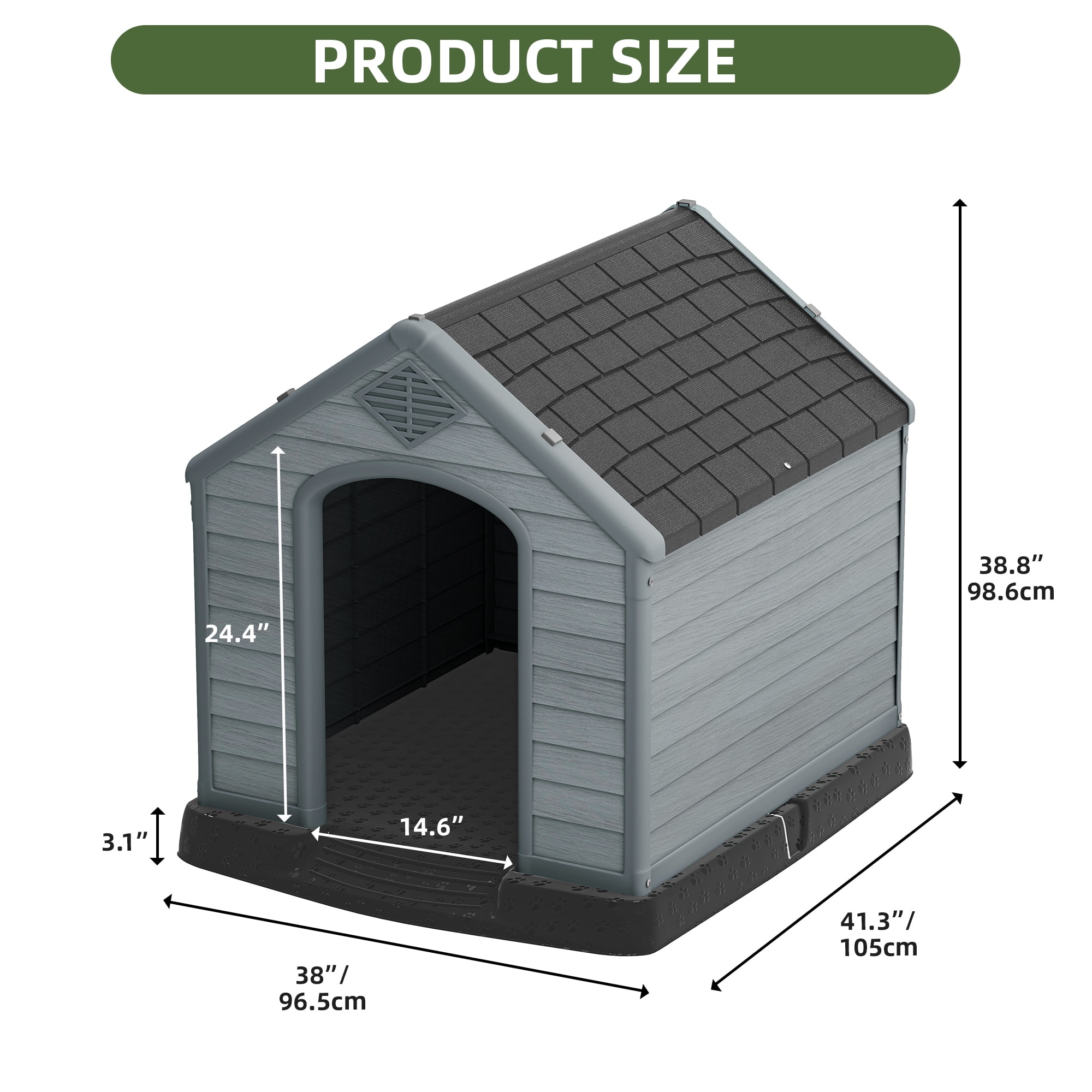 Uforic Large Waterproof Plastic Dog House with Air Vents and Elevated Floor, Outdoor Indoor Doghouse Puppy Shelter,Black+Gray,41''Lx 38''Wx 39''H