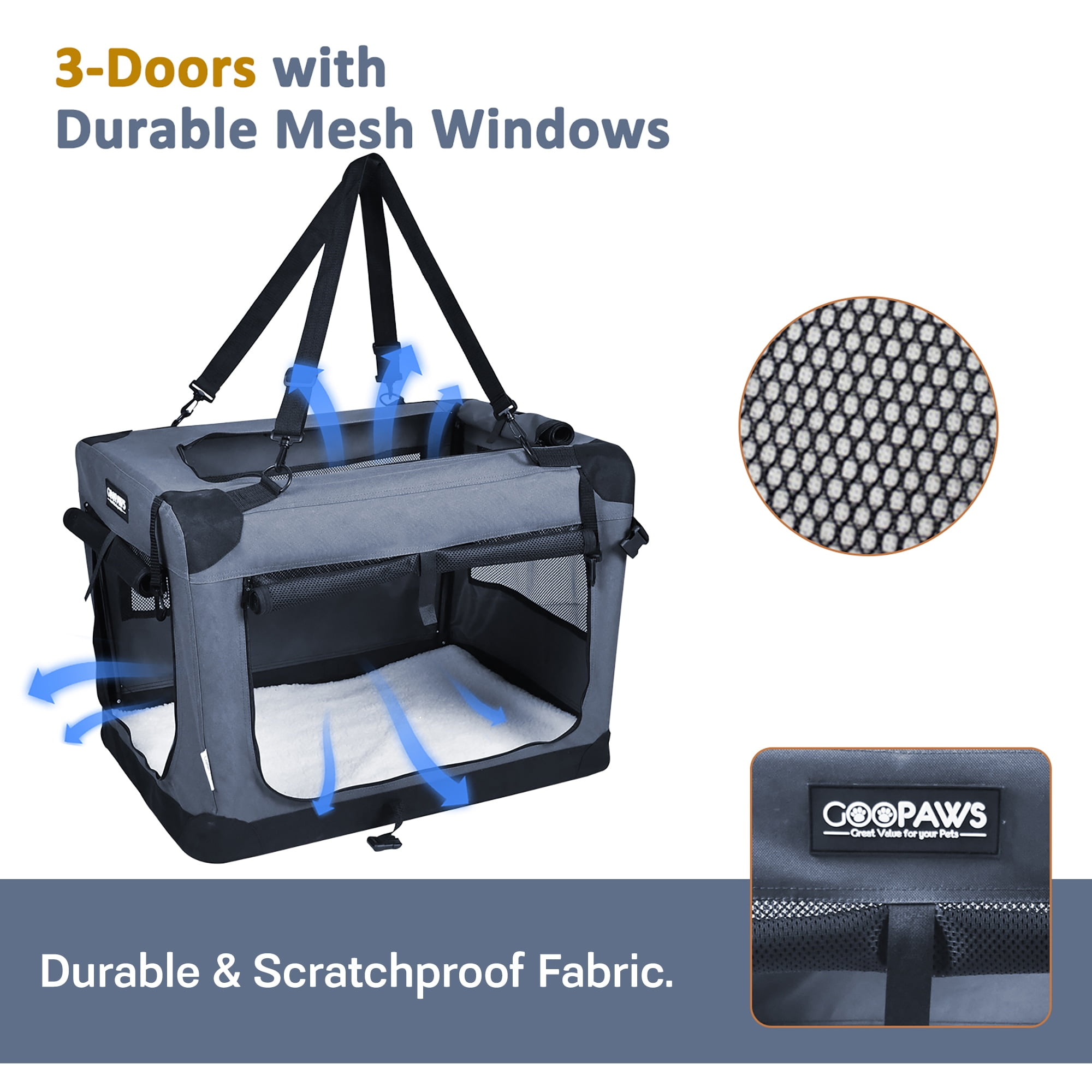 JESPET & GOOPAWS: 27" Soft Pet Crate - Grey - Dogs & Cats Up to 35 lbs, 3 Door Folding Kennel, Indoor Outdoor Travel Carrier, Mesh Windows, Fleece Mat