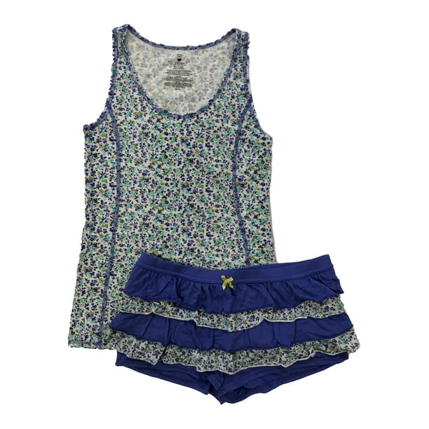 Valentine Valentines Womens Blue Floral Rhumba Shorts Tank Pajama Set