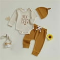 thumbnail image 2 of Gvdentm Newborn Baby Boy Clothes Long Sleeves Letter Print Romper Long Pants Hat 3Pcs Outfits Set(Beige,0-3 Months), 2 of 5