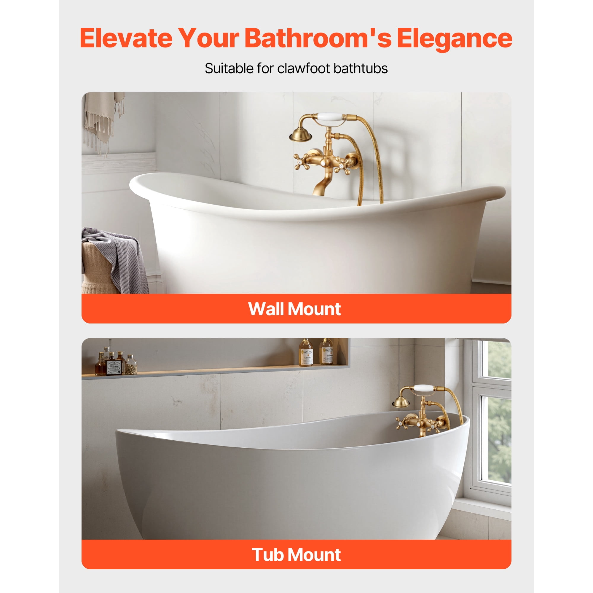 KFFKFF Wall-Mounted Clawfoot Tub Faucet with Handheld Shower, Vintage Brushed Gold Finish, Adjustable Swing Arms, and 360° Rotating Spout for Bathtubs