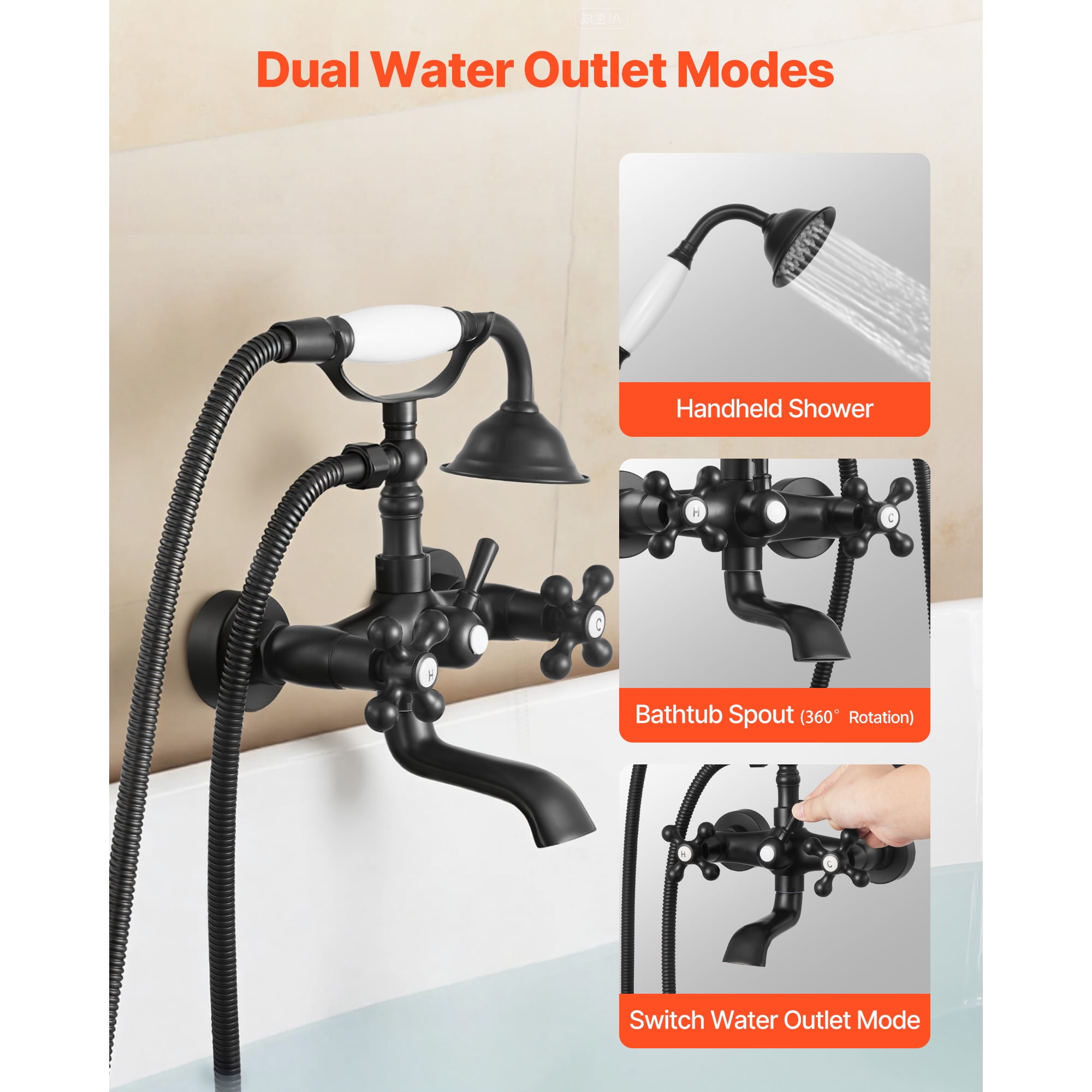 KFFKFF Wall-Mounted Clawfoot Tub Faucet with Handheld Shower, Matte Black Bathtub Filler Kit Featuring Adjustable Swing Arms and 360° Rotating Spout for Classic Bathtubs