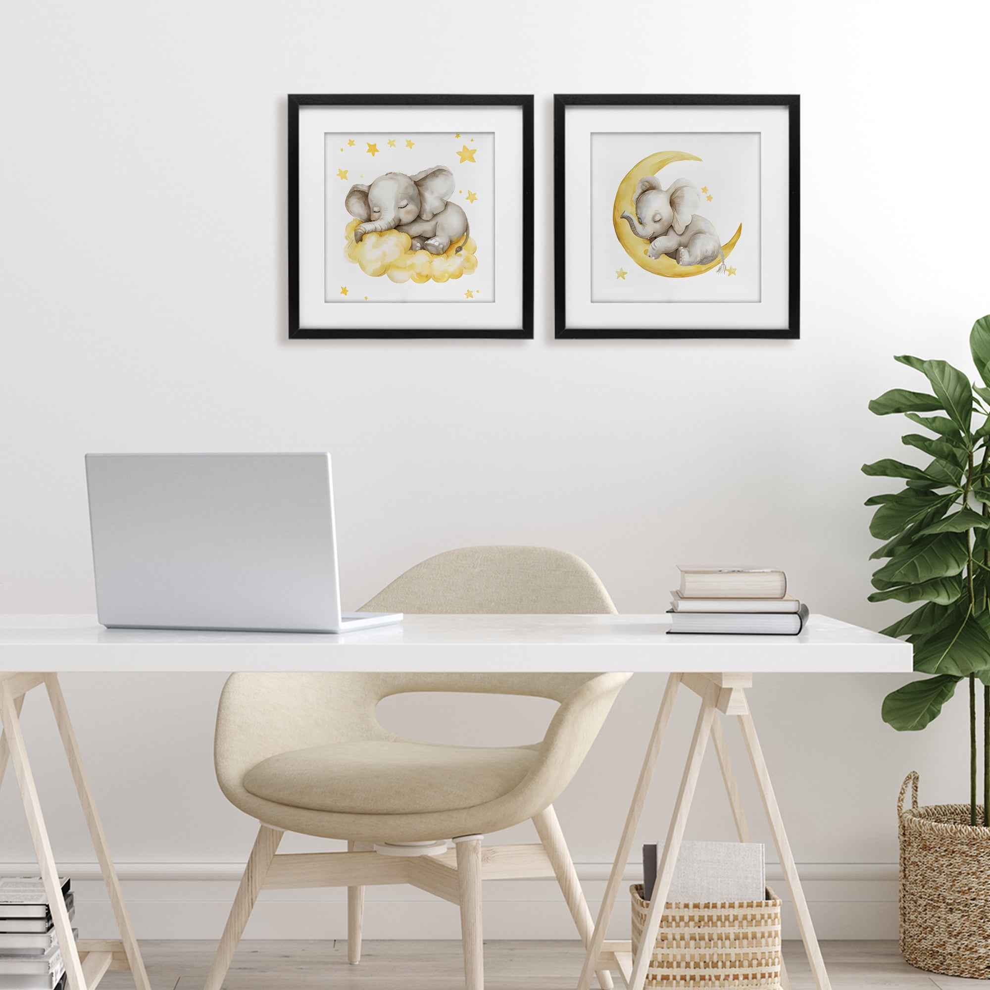 Stupell Industries Sleeping Elephant Moon and Clouds 2 Piece Black Framed Print Under Glass Set, design by LSR Design Studio