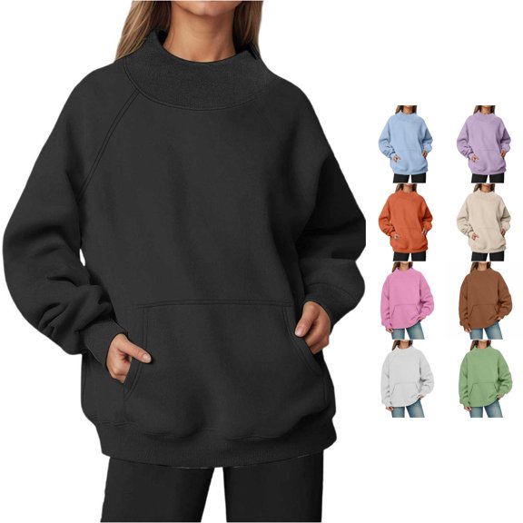uvwlwu Women's Sweatshirt Neck Long Sleeve Loose Fit Soft Casual Kangaroo Pocket No Hood,M