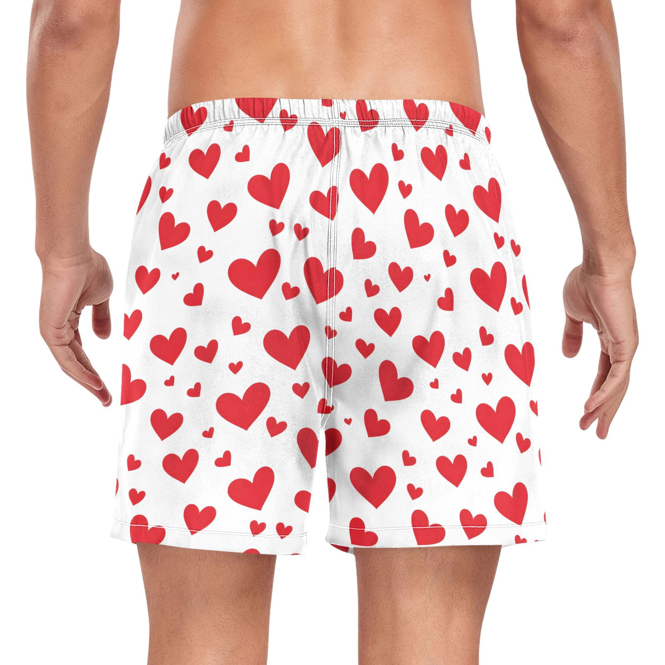 joogoo Men's Red Hearts Swim Trunks with Liner Pocket Beach Shorts M