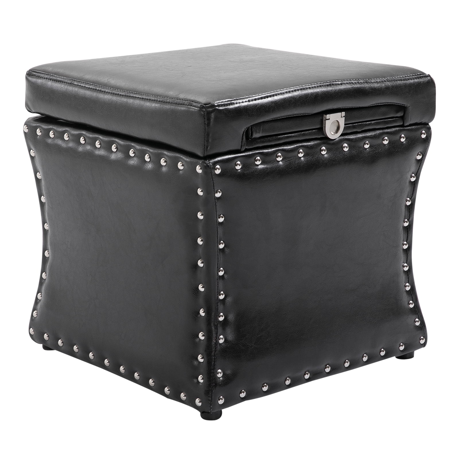 17” Cube Faux Leather Storage Ottoman Footrest With Decorative
