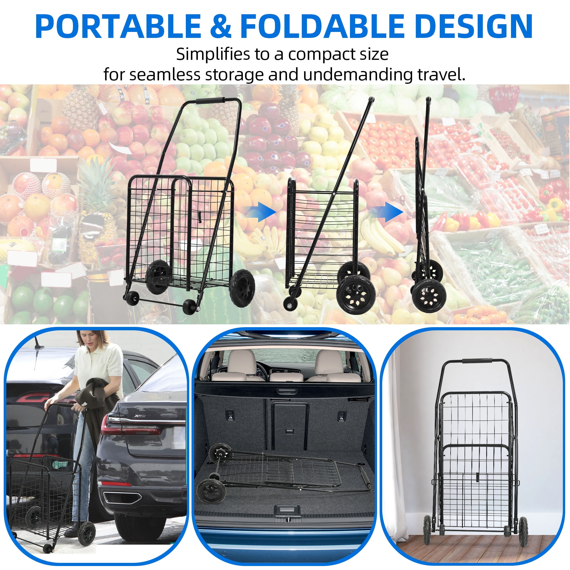 DEXTRUS Metal Folding Shopping Cart, Heavy Duty Rolling Grocery Cart with Lockable Wheels and Adjustable Handle