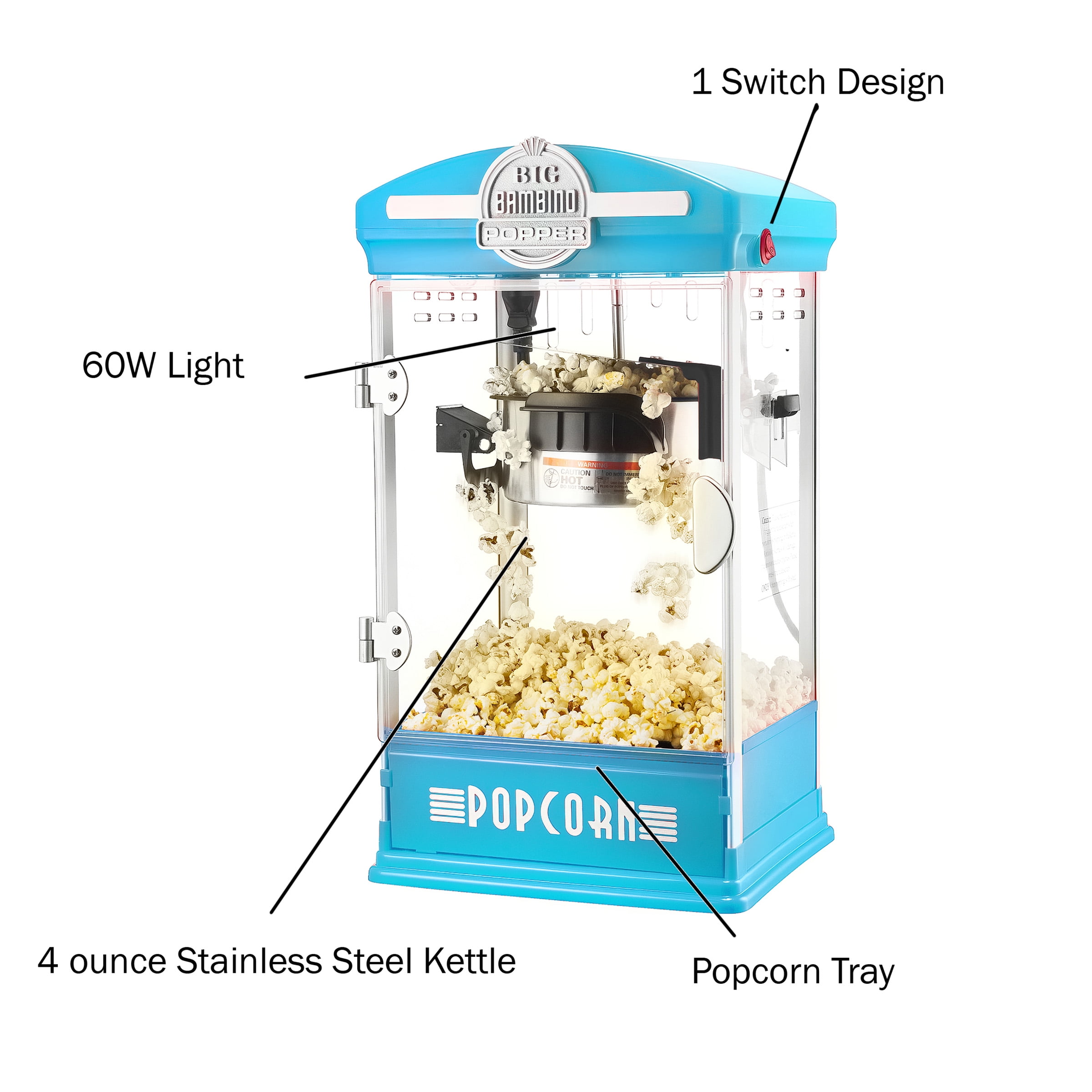 Big Bambino Retro Tabletop Popcorn Popper - 4-oz Stainless-Steel Kettle, Measuring Cups, Bags, and Removable Tray by Great Northern Popcorn (Blue)