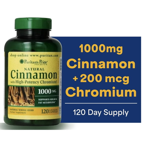 Puritan's Pride Cinnamon Capsules with High Potency Chromium, 1000 mg, 120 Count