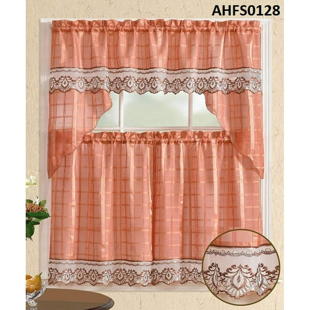 3 Piece Kitchen Curtain Set Peach/Orange Color Flower Panels 2 Tiers